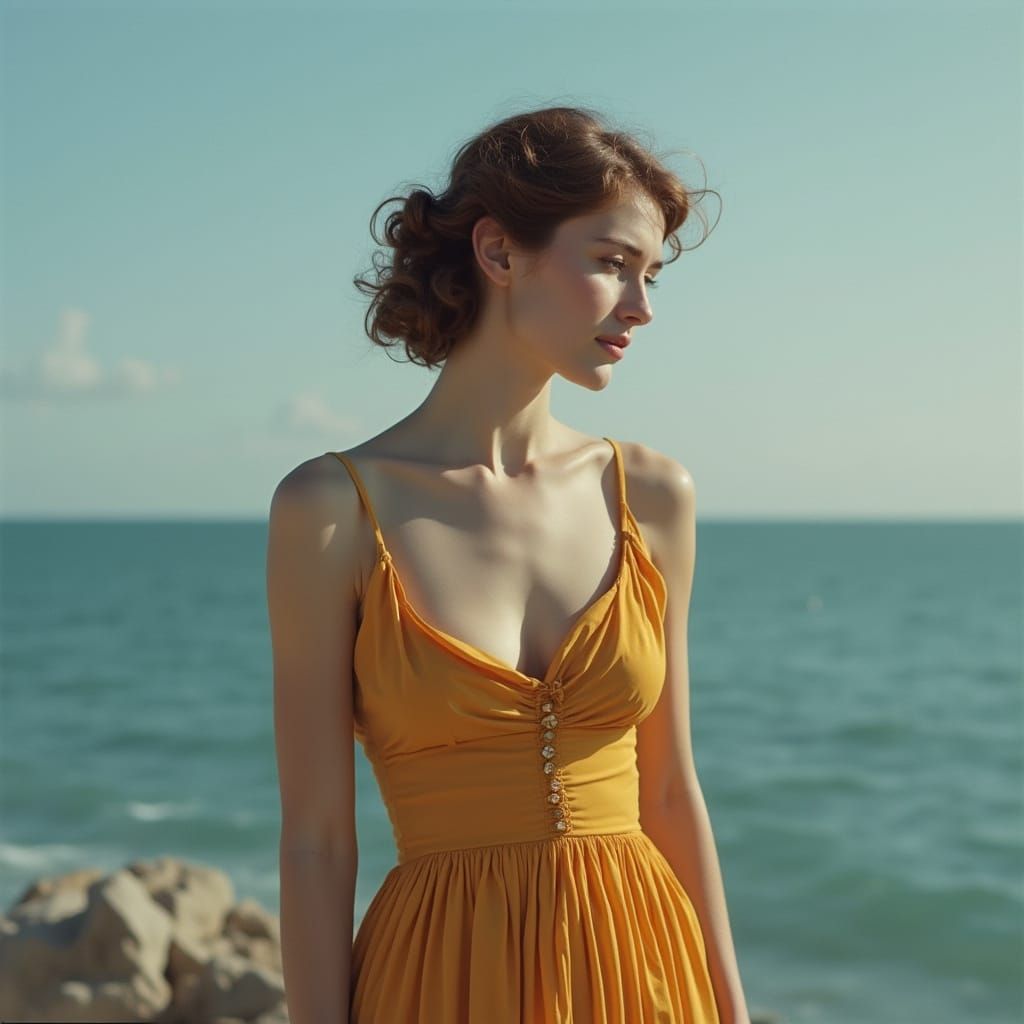 Sad Woman in Cream Dress by the Sea