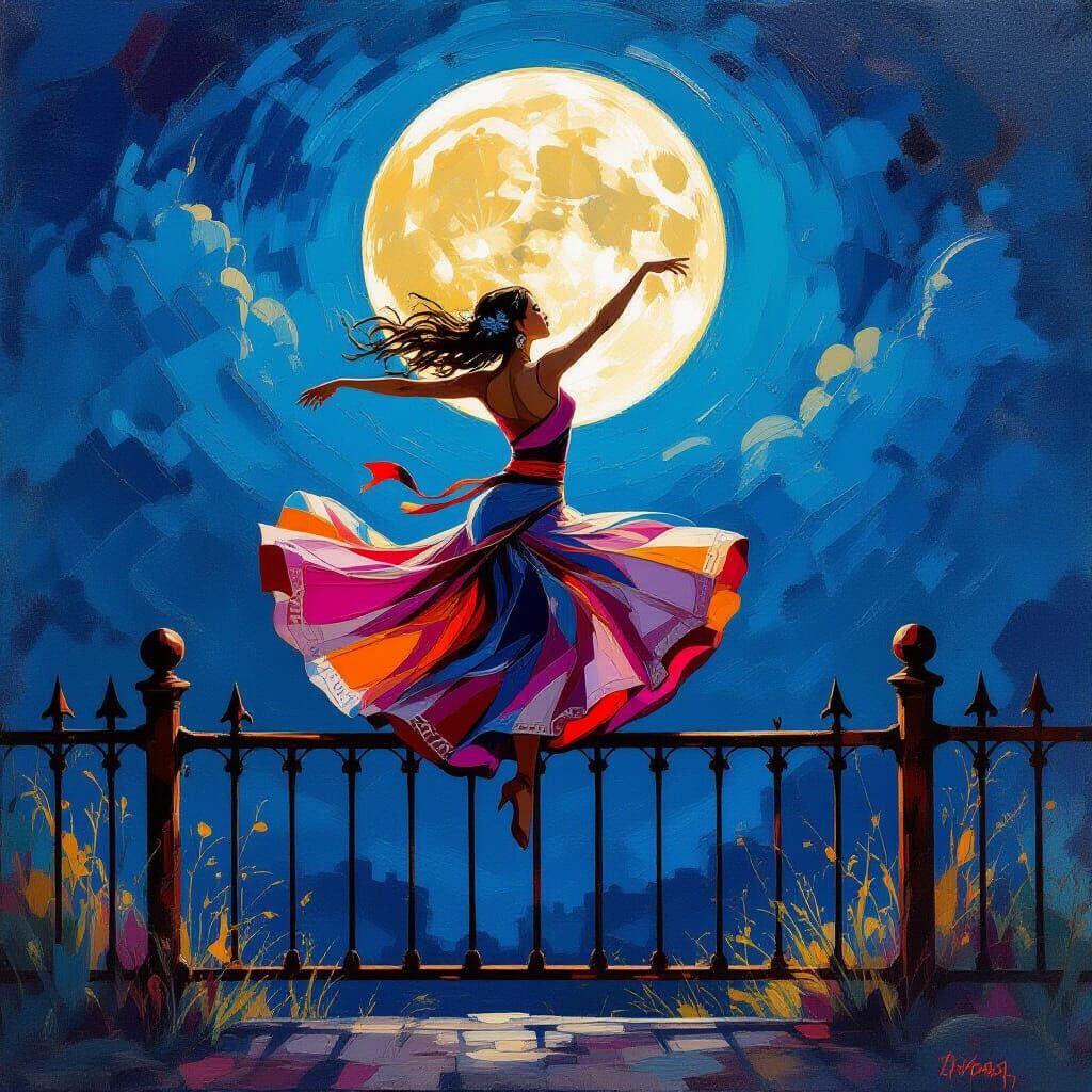Moonlit Dancer Leaping on Rusty Fence in Gouache Style