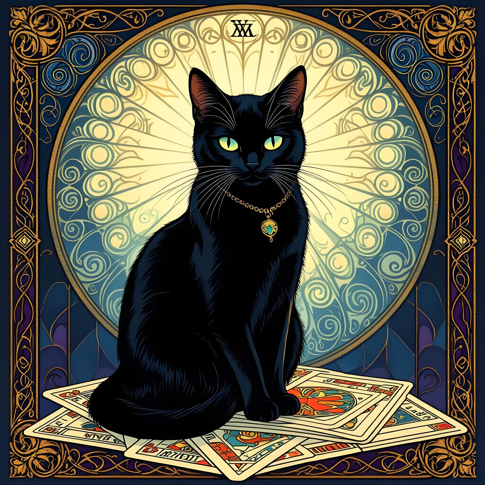 Mystical Black Cat on Ornate Tarot Cards in Cloisonné Style