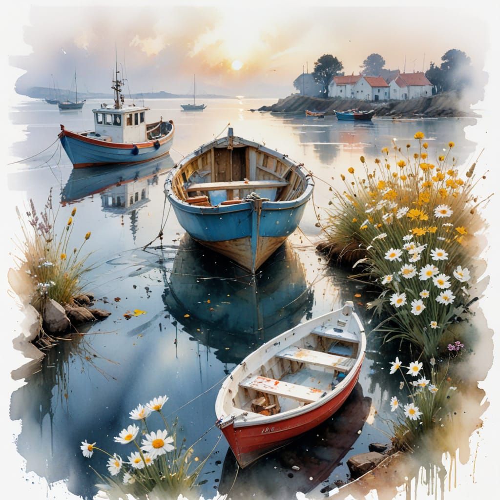 Watercolor Fishing Village at Dawn with Daffodil Yellow & Sk...