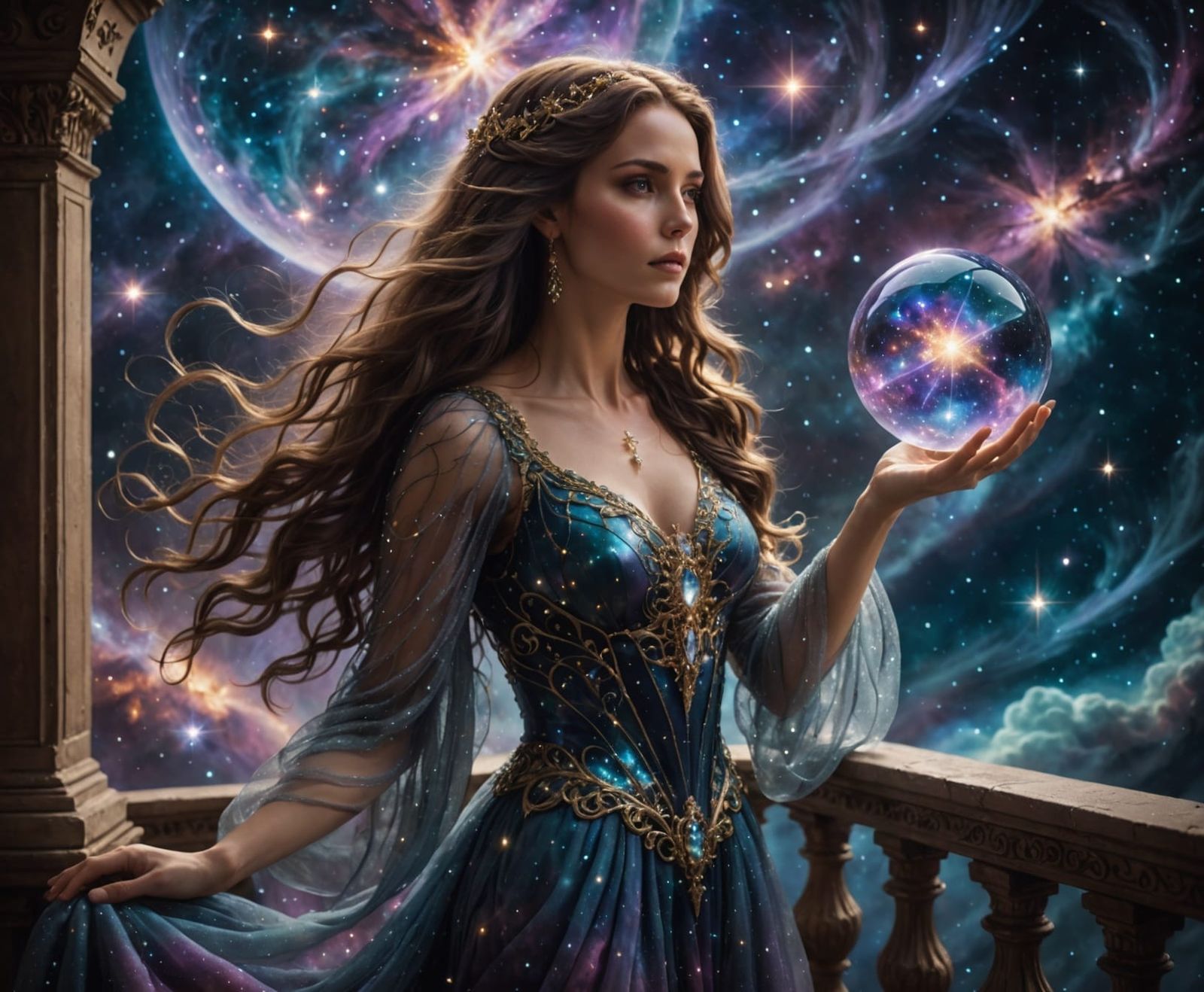 Woman in Starlight Gown Overlooking Nebula