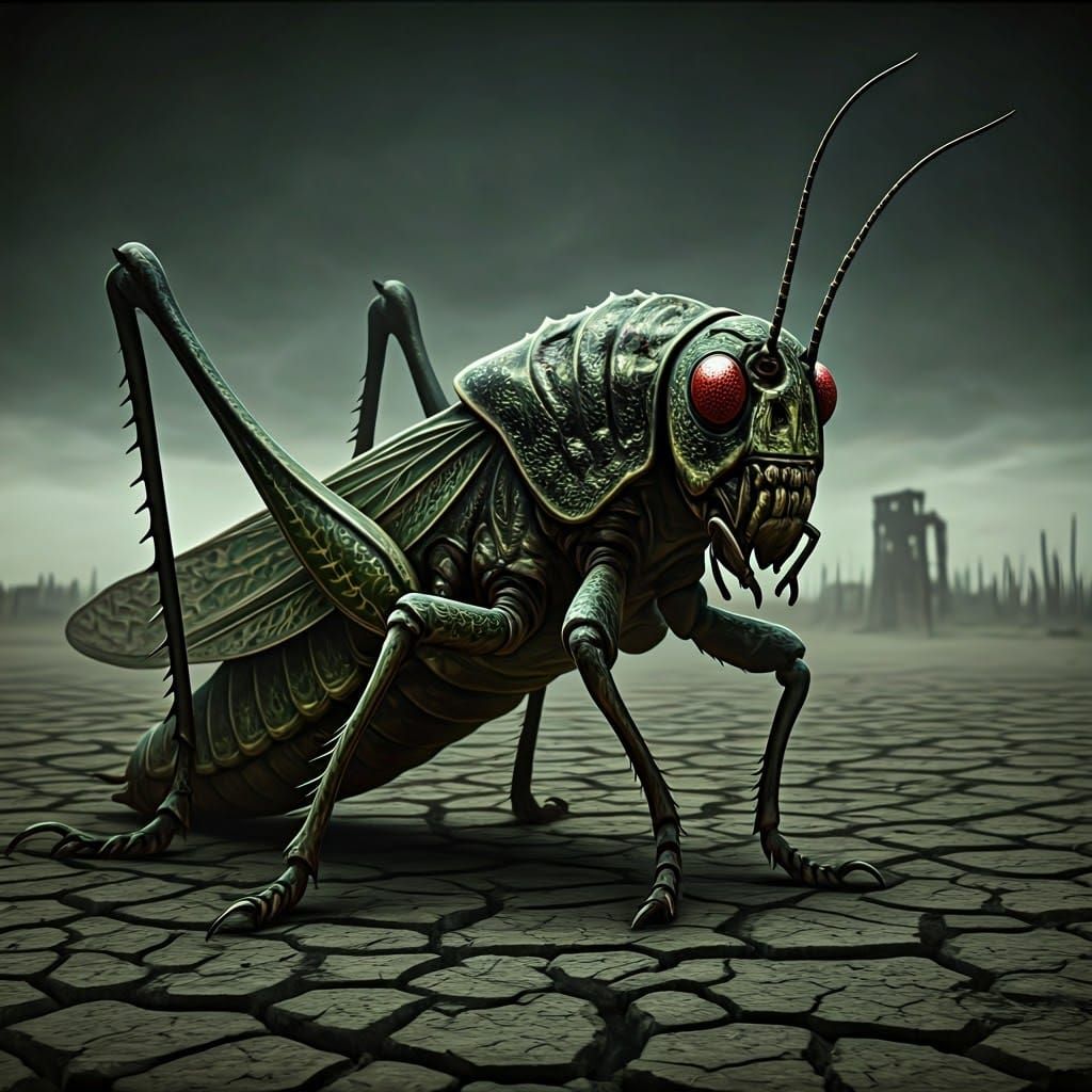 Jir-Baladh, a Grotesque Locust in Drought-Stricken Field