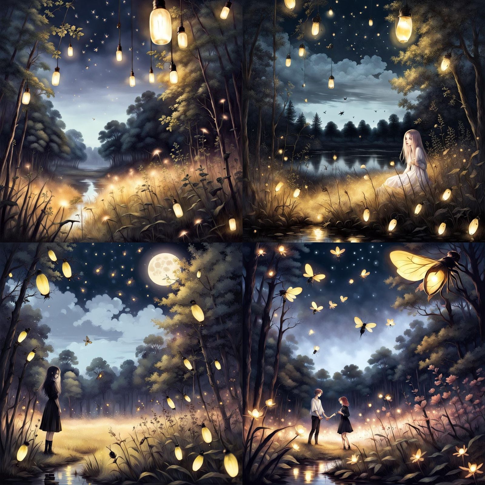 Dreamlike Goth Romance with Fireflies