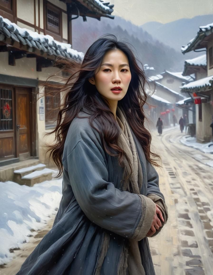 Korean Woman in Snowy Village, Impasto Oil Painting