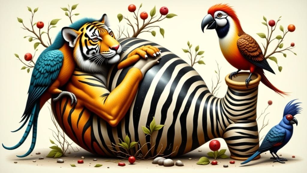Whimsical Tiger Escapes Striped Vase with Colorful Bird