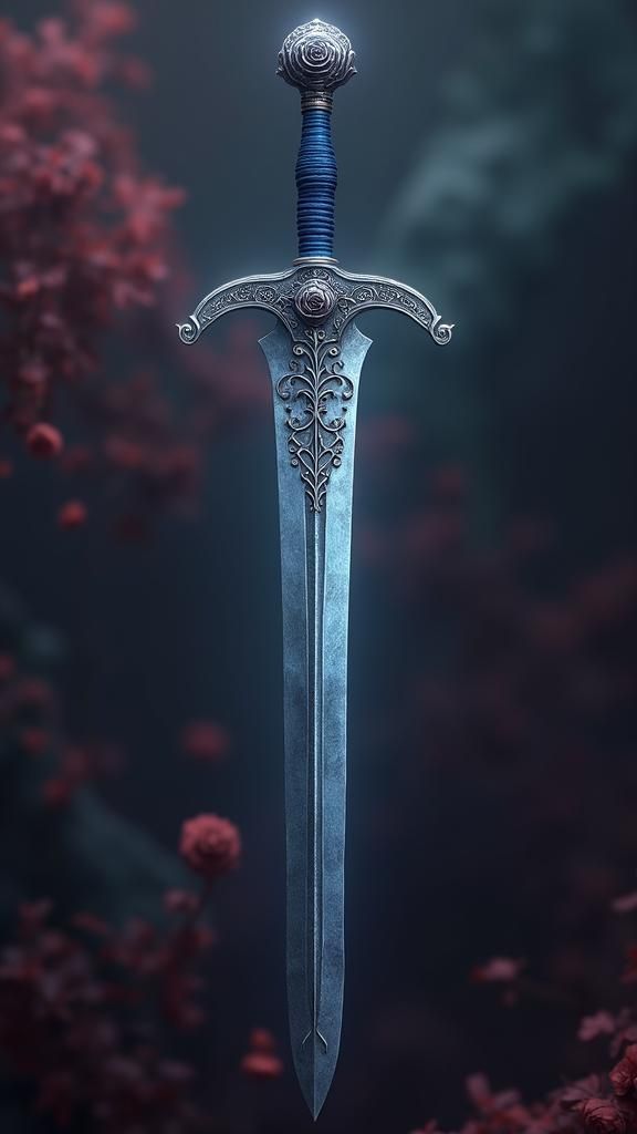 Majestic Damascus Steel Sword with Rose Engravings