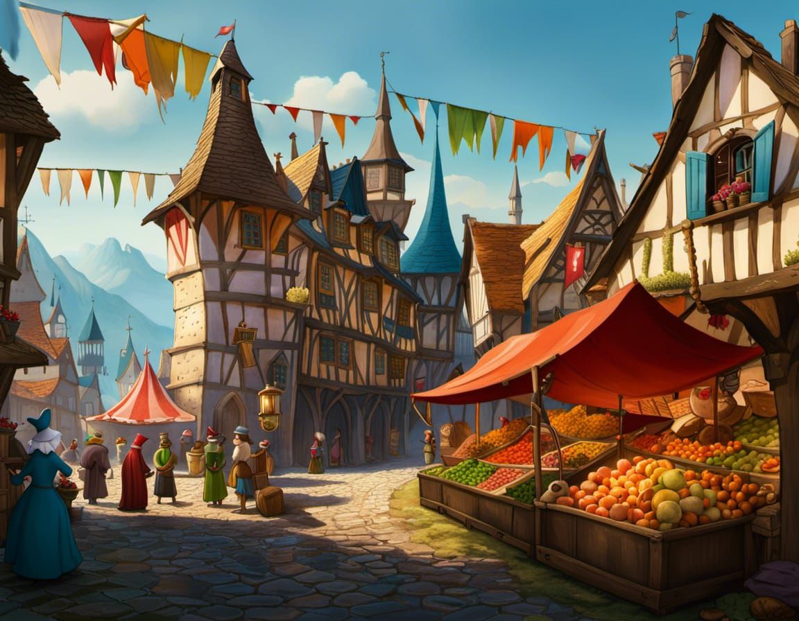 Fairytale Village: Medieval Market, Detailed Matte Painting