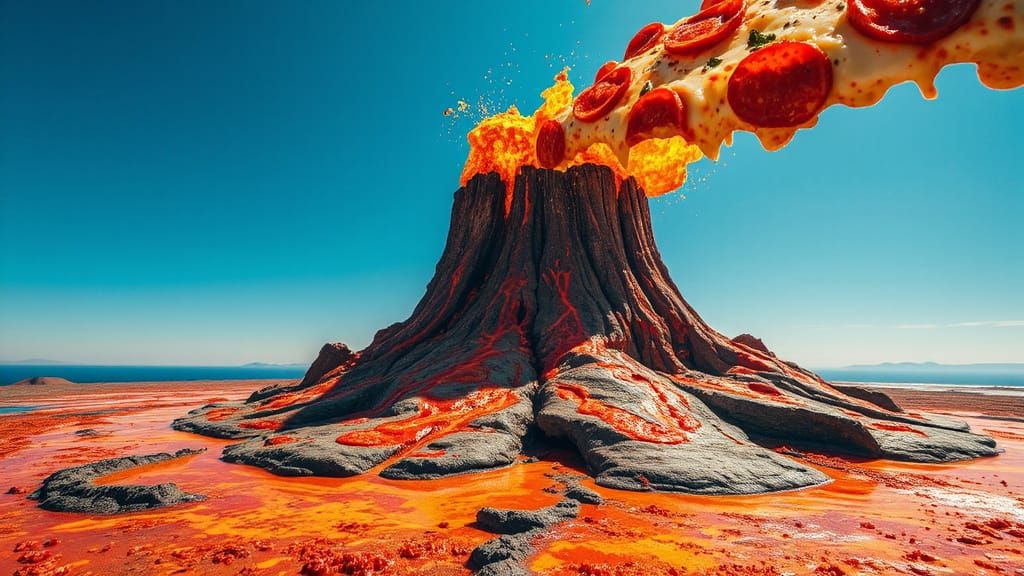 Pepperoni Pizza Volcano Eruption in Alcohol Ink Style
