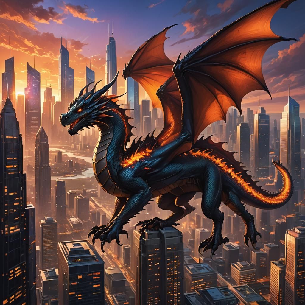 Dragon Soaring Over Futuristic City at Sunset