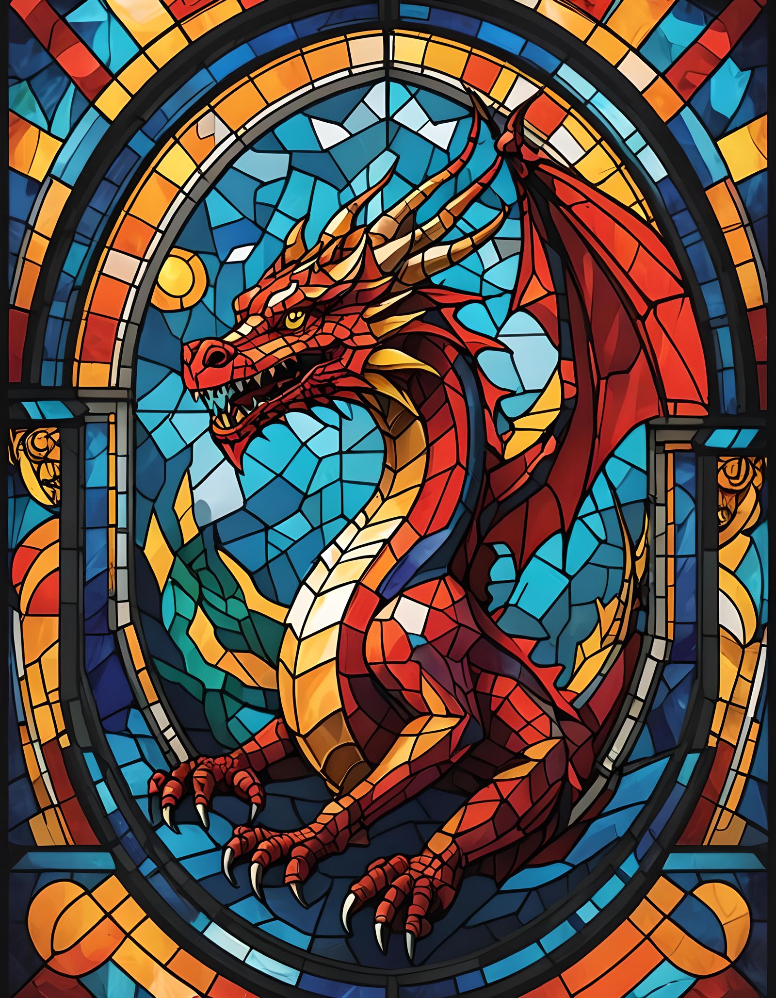 Stained Glass Dragon in Cubist Art Deco Style
