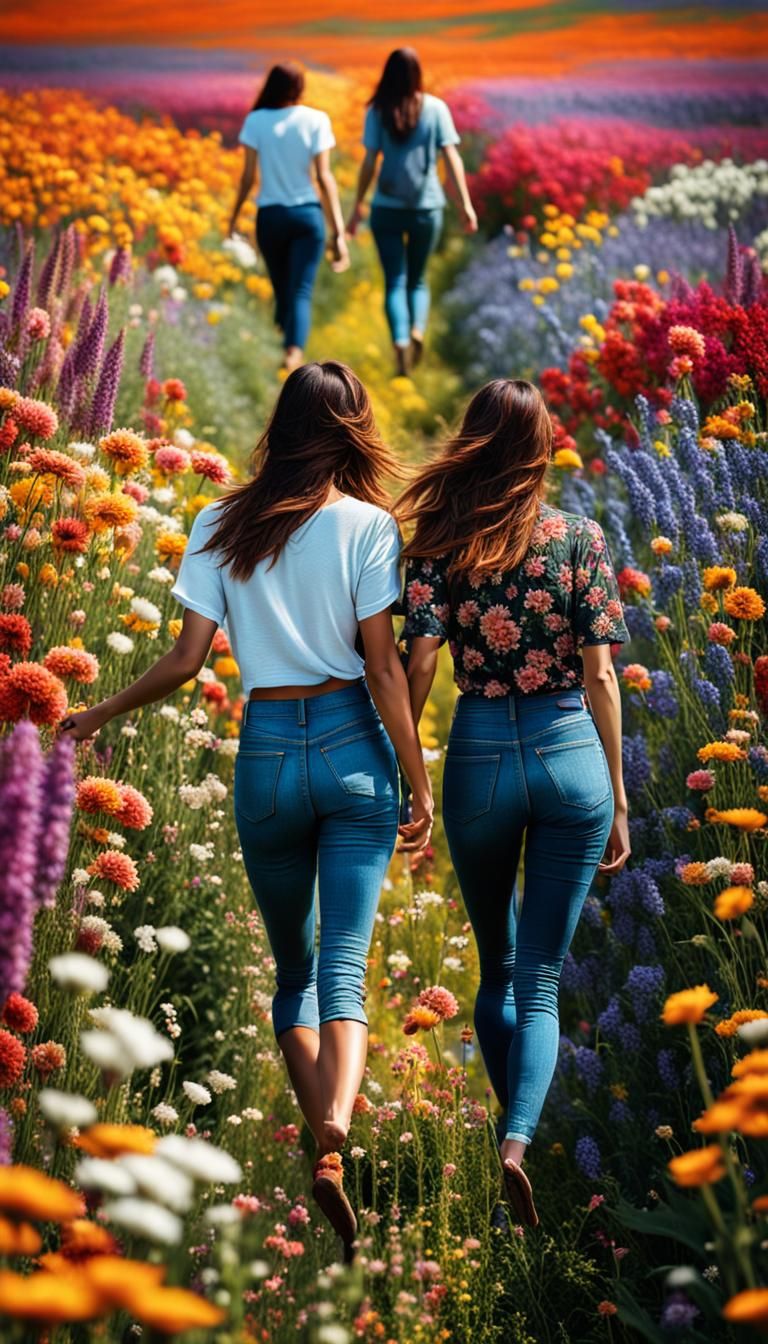 Happy Women Walking Through a Beautiful Flower Field