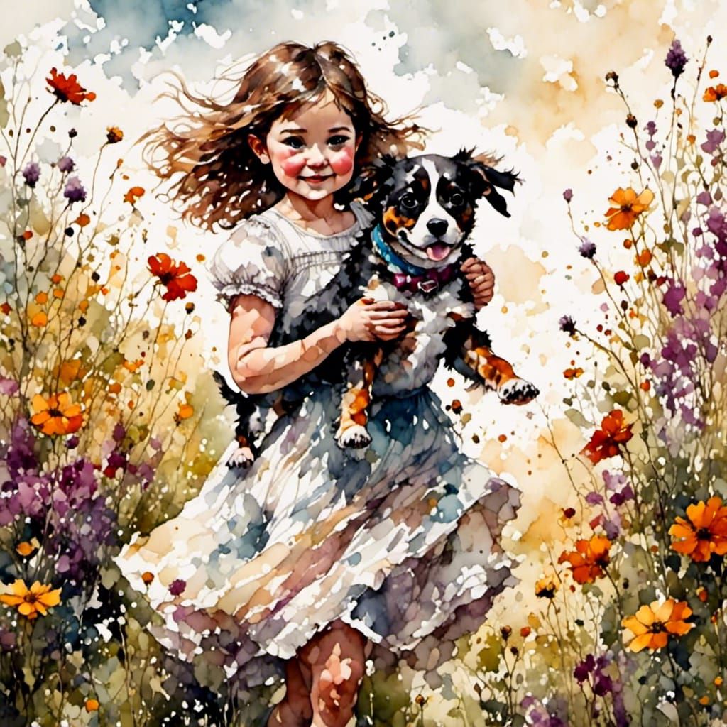 Whimsical Girl and Puppy in Wildflowers Oil Sketch