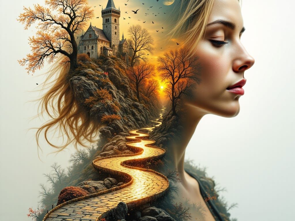 Woman's Profile Merged with Fantastical Autumn Landscape