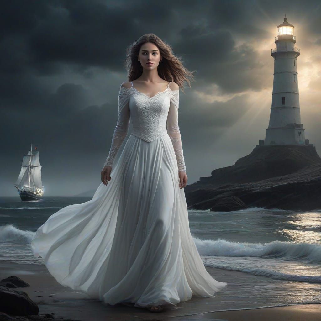 Mysterious Female Ghost Illuminated by Lighthouse on Stormy ...