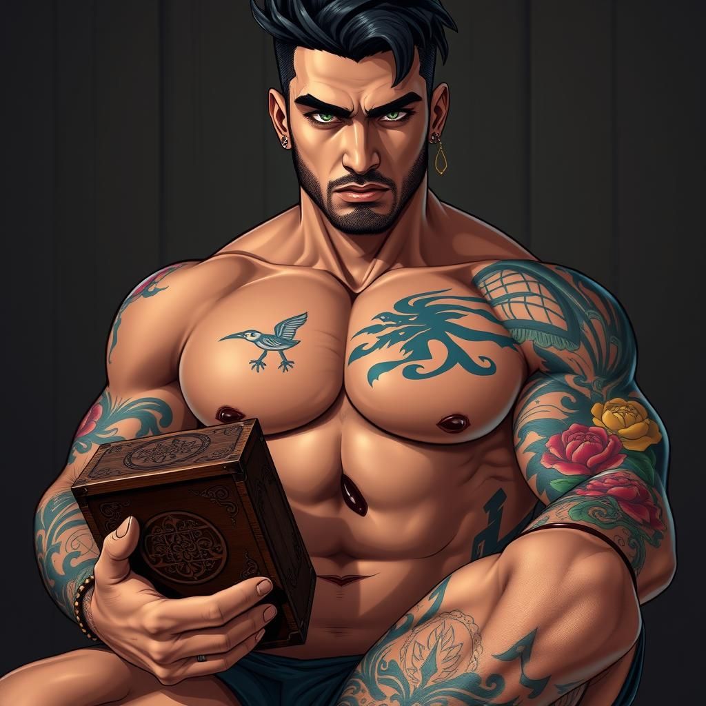 A solidly-built, olive skinned man with calm, green eyes, fu...