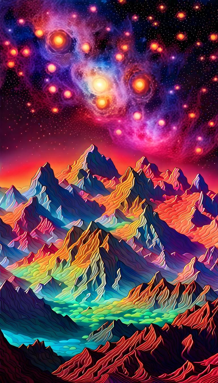 Neon Cosmic View from Mountain in Globular Cluster