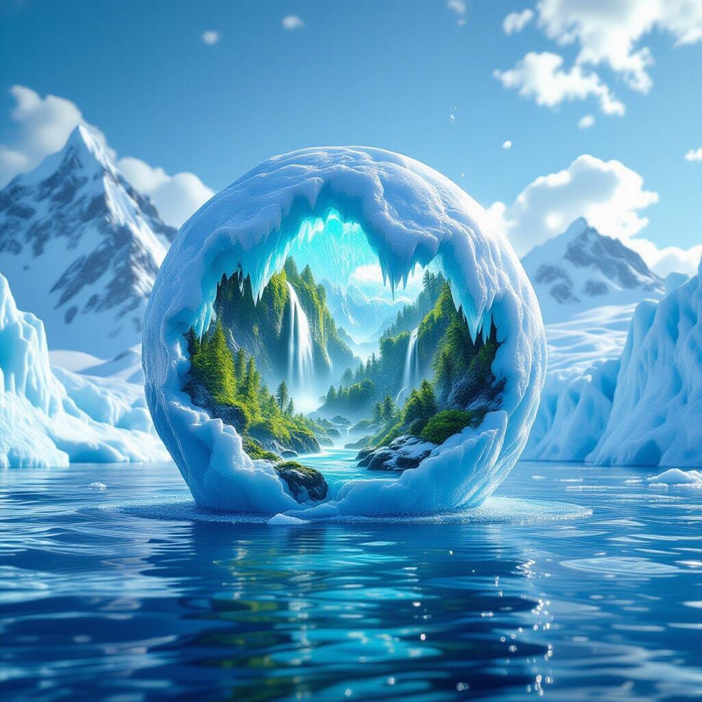 Giant Ice Sphere With Forest Floats In Ocean Next To Glacier