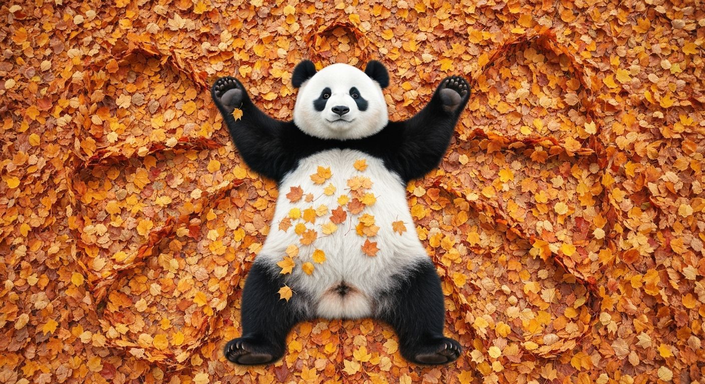Panda Makes Leaf Angel in Autumn Leaves