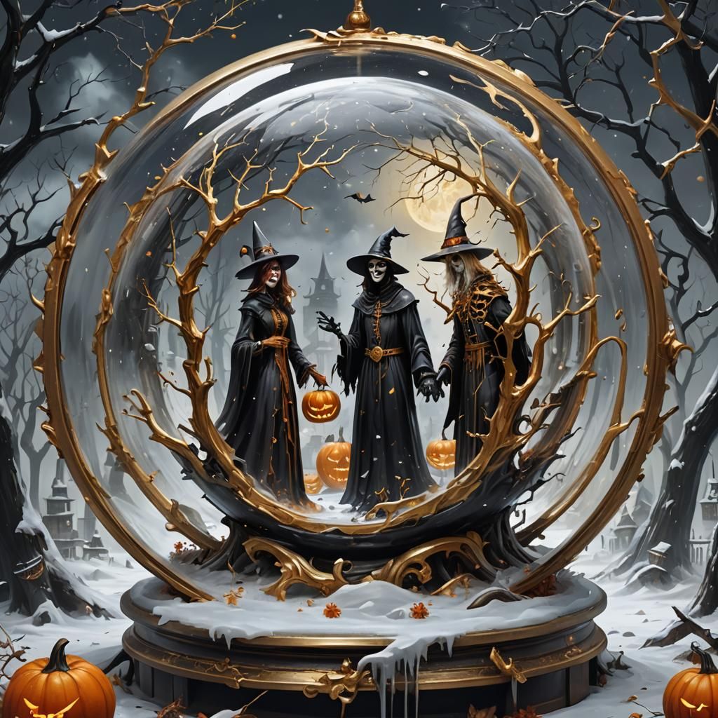 Halloween Characters Celebrate in Oil Painting Snow Globe