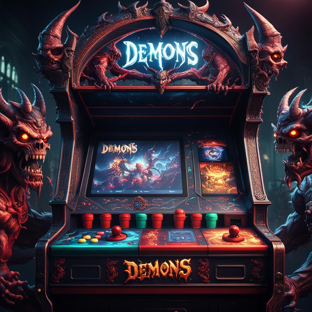 Demons Playing Arcade Machine in Detailed Matte Painting