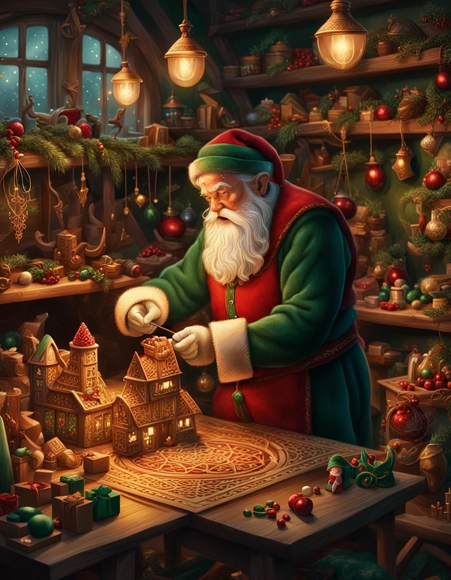 Whimsical Fantasy Santa Elf Workshop in Celtic-Inspired Styl...