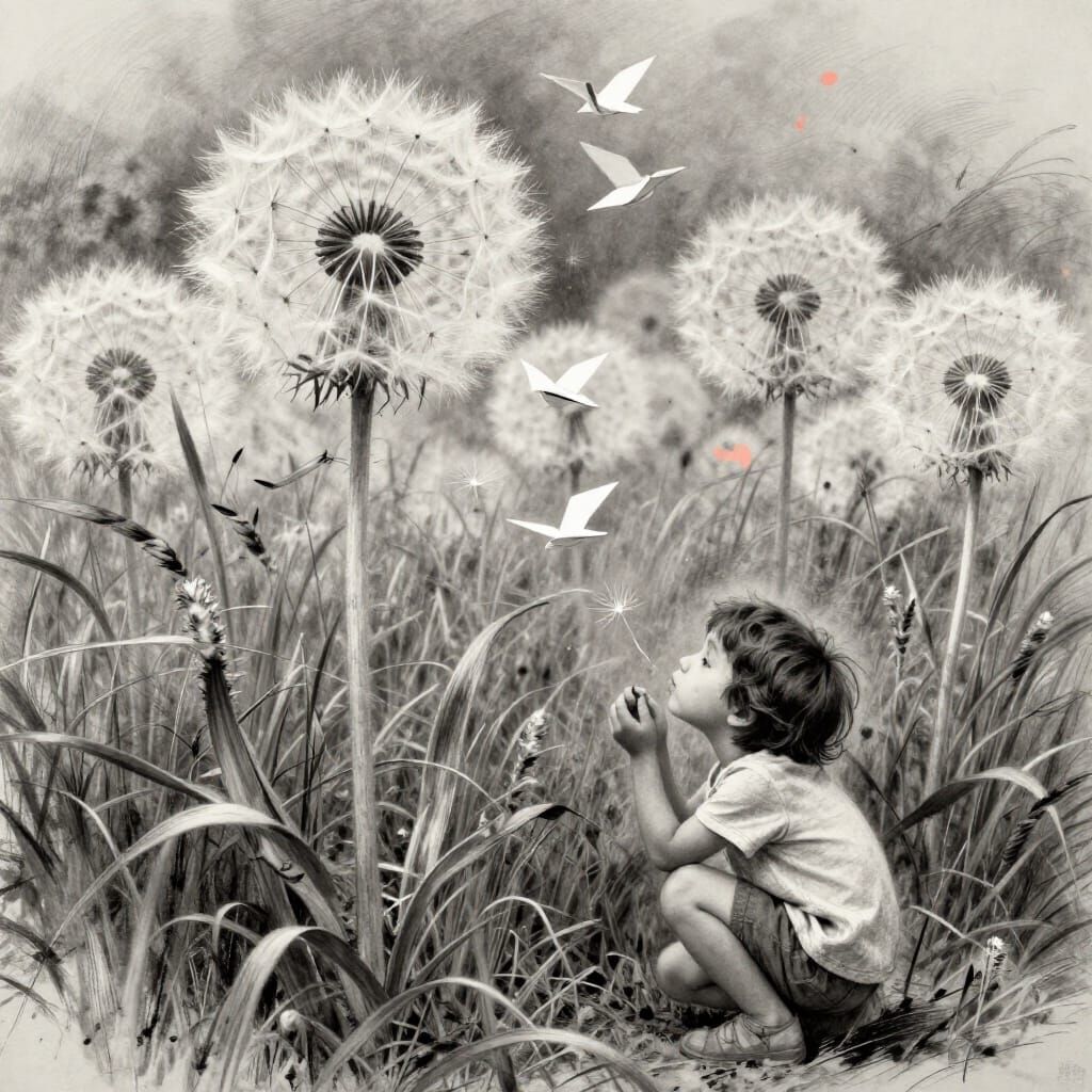 Child Blowing Dandelion Seeds into Paper Birds