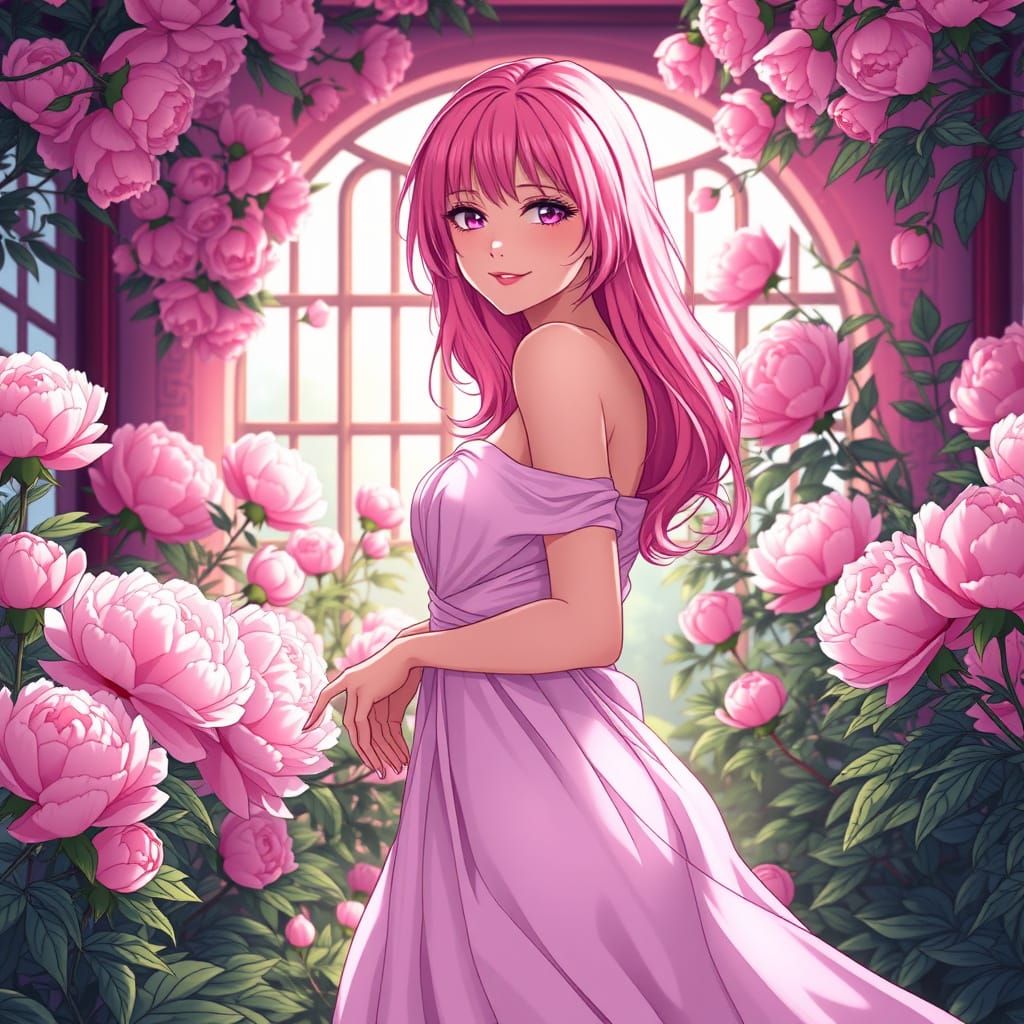 Anime-Inspired Beauty Poses in a Lush Peony Garden