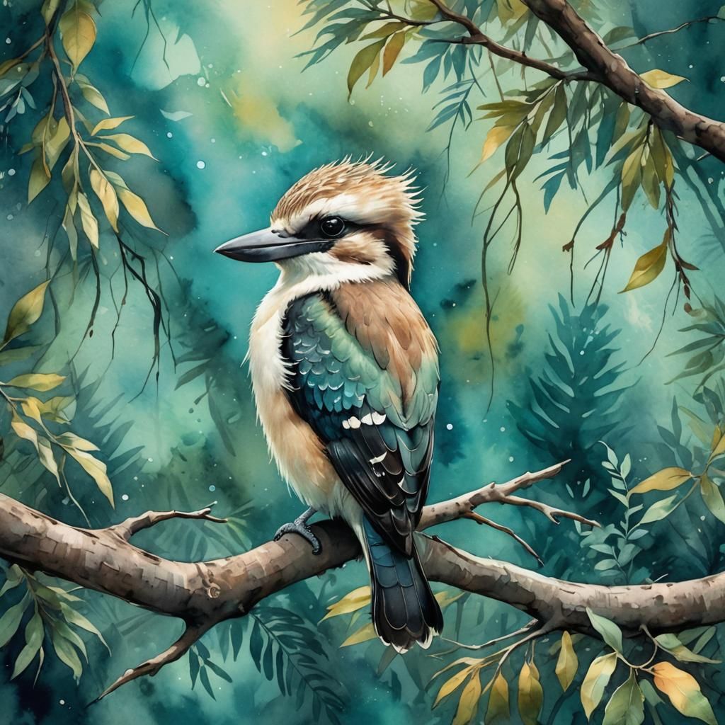 Vibrant Watercolor Kookaburra on Mystical Branch