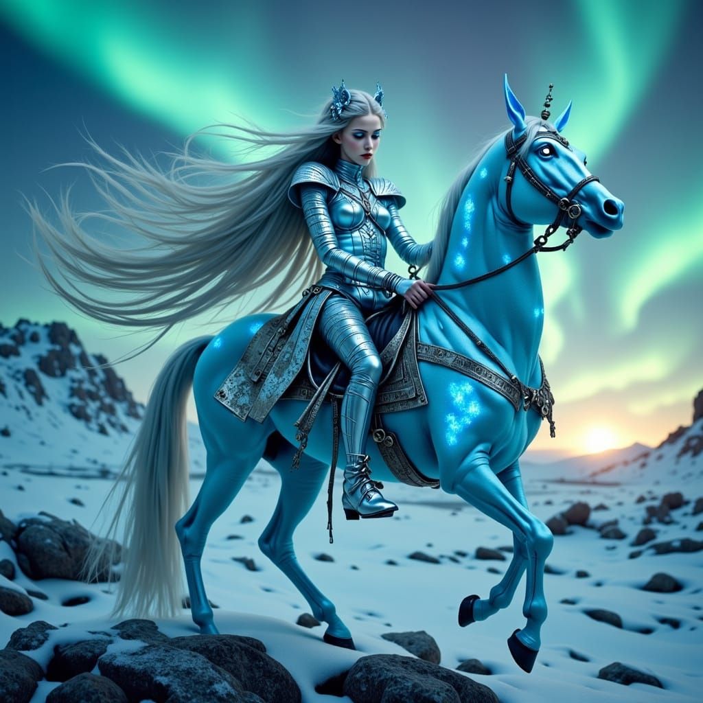 Gothic Ice Valkyrie Under Aurora Borealis