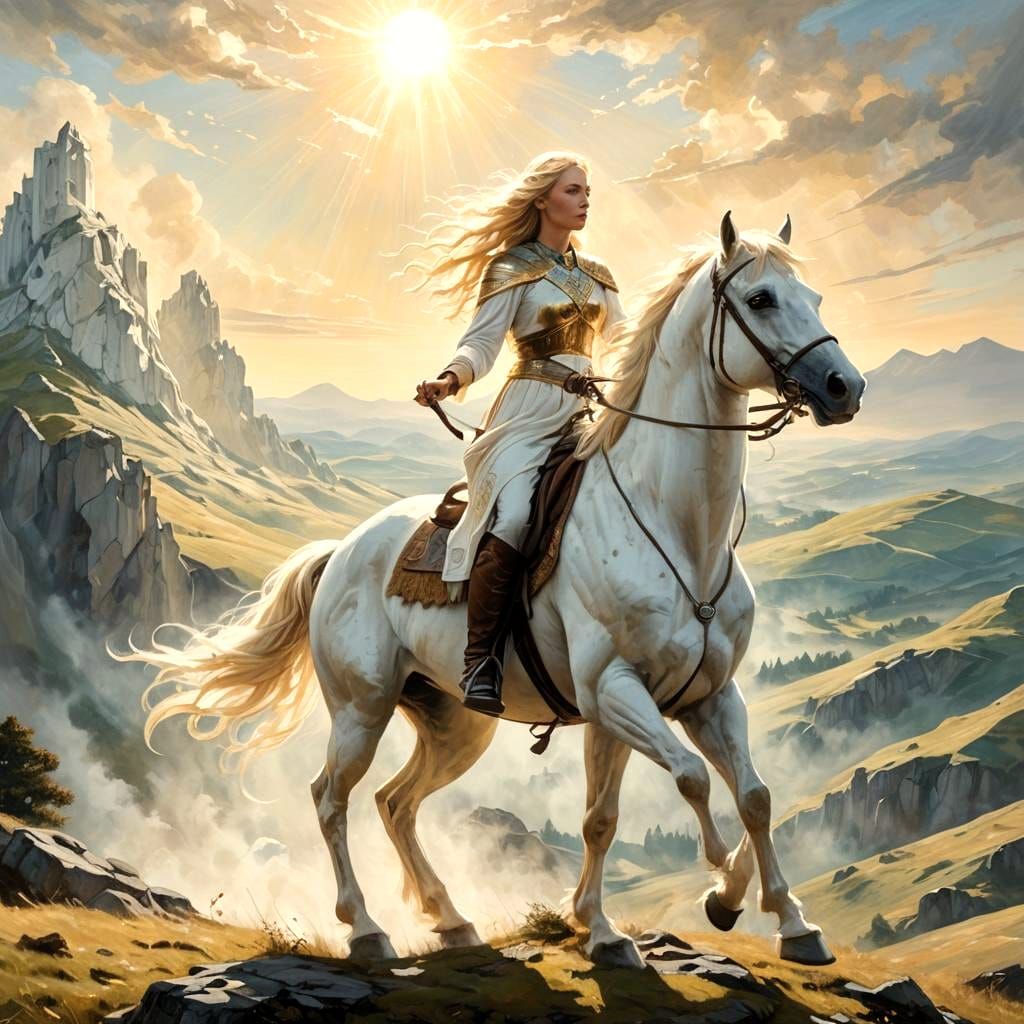 Regal Welsh Goddess Rhiannon on Aonbharr, Against a Muted La...