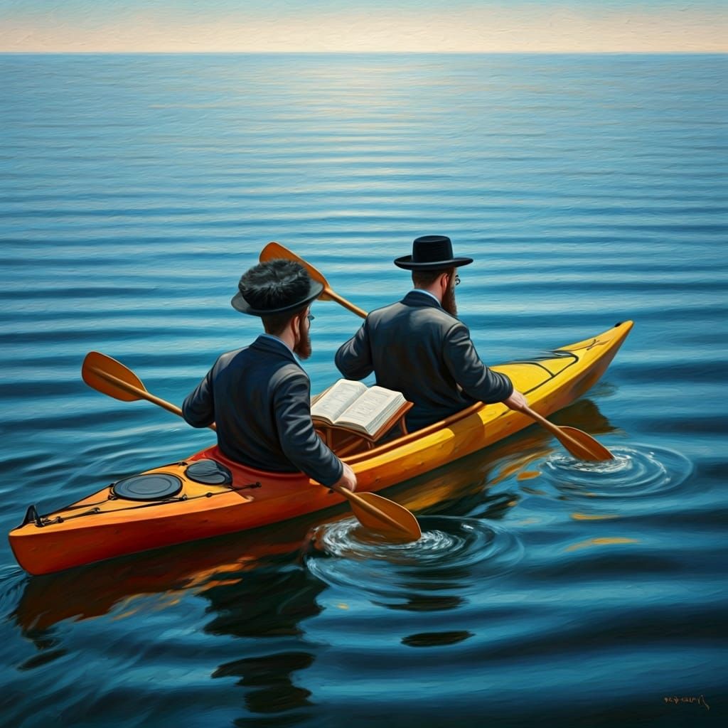 Yeshiva Students Kayaking with Gemaras in Serene Waters