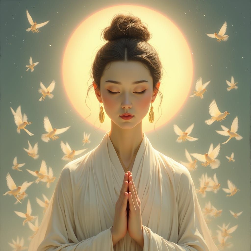 Serene Kuan Yin in Golden Sunrise Light