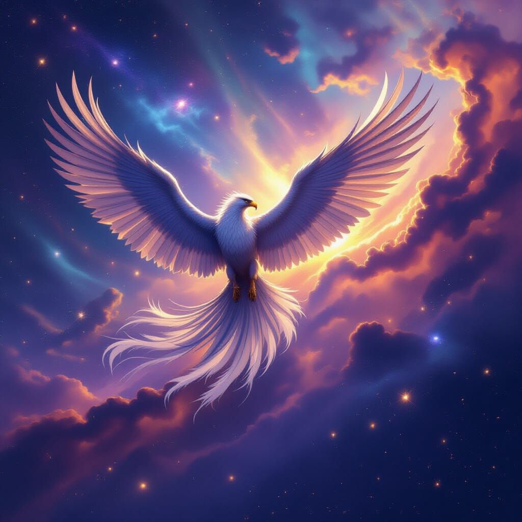 Majestic Griffin Soars Through Cosmic Nebula Sky