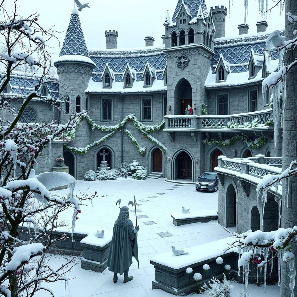 Celtic Castle in Winter Wonderland with Elven Knights