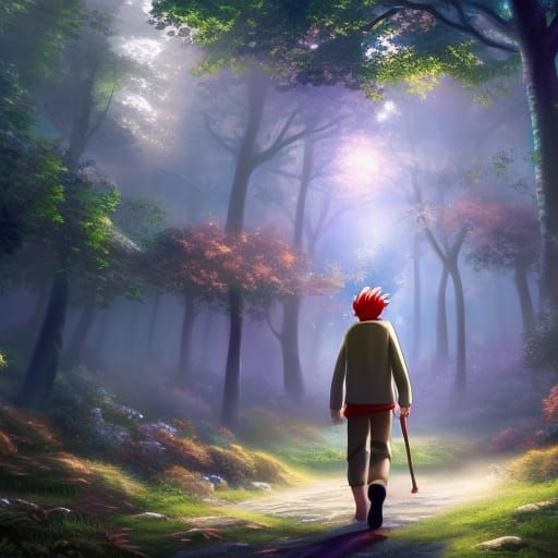 Anime Man Walks in a Fantastical Forest