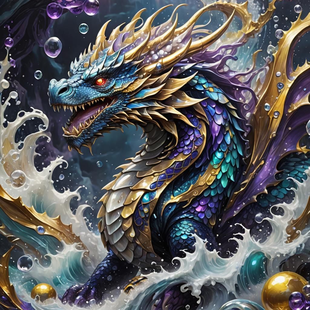 Majestic Oceanic Dragon in Dark Fantasy Art Nouveau Style