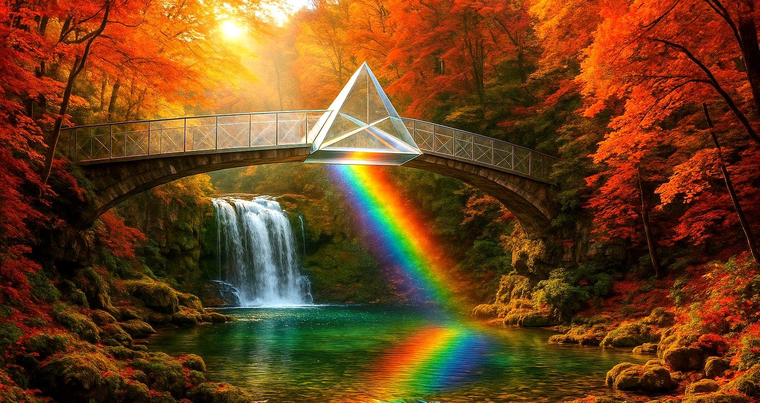 Prism Bridge Rainbow over Lush Waterfall Lagoon