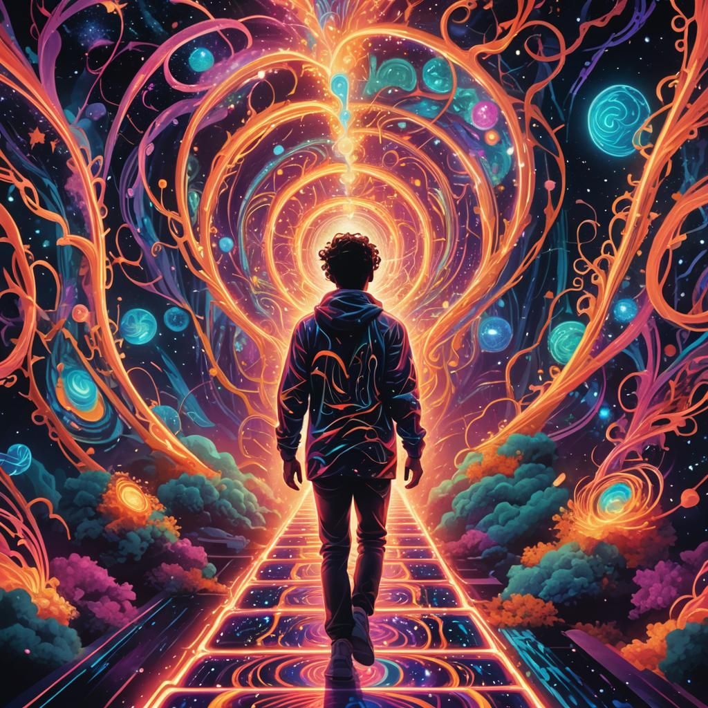 Cosmic Being Steps Through Shimmering Astral Portals