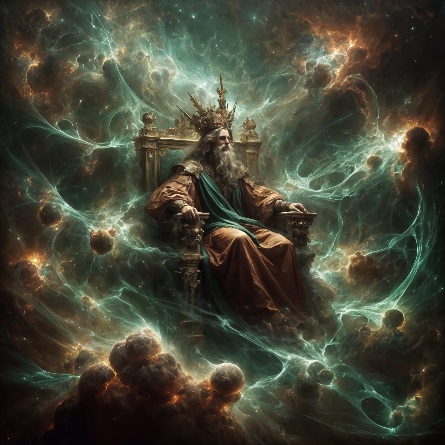 Renaissance King in Cosmic Oil Painting