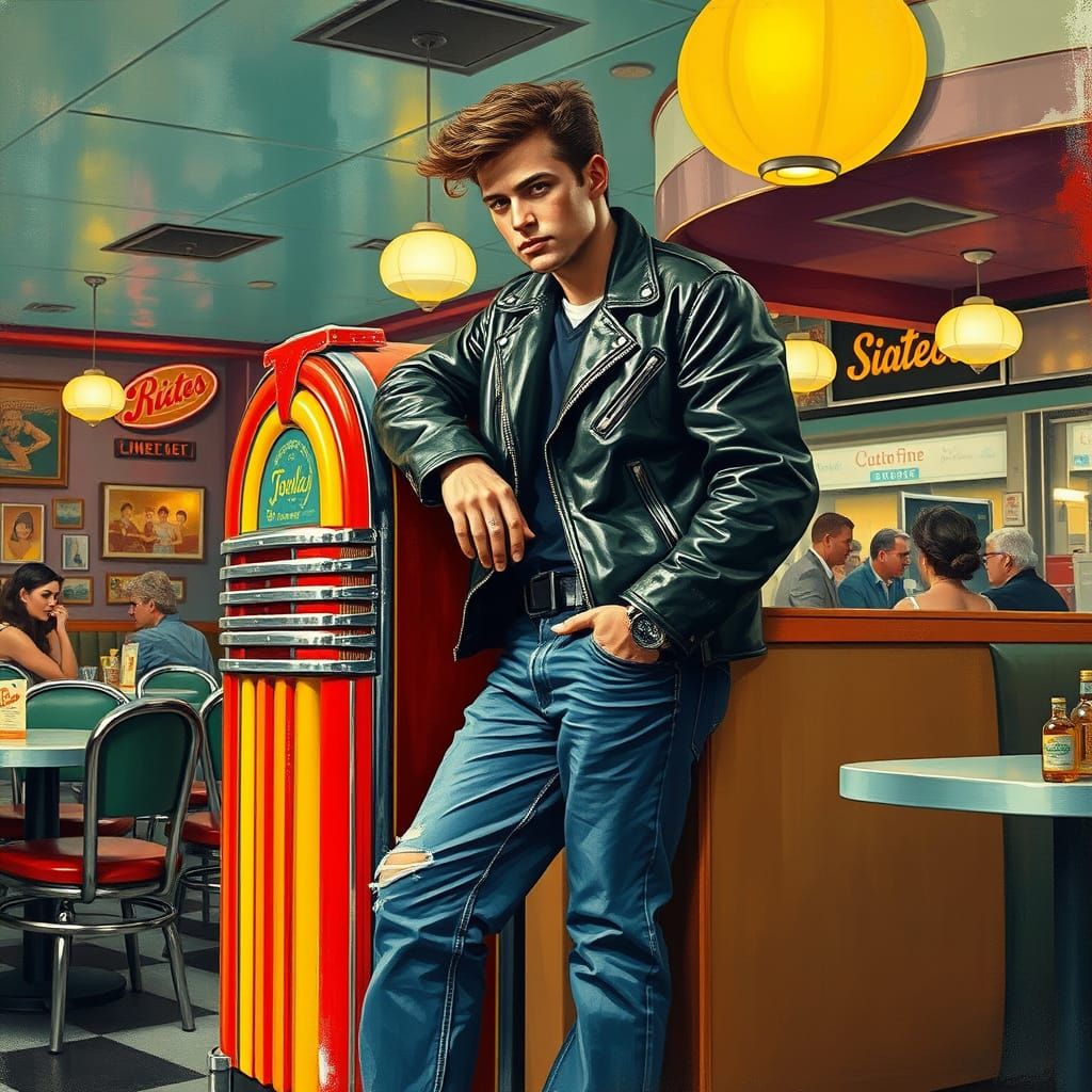 Greaser in 1950s Diner, Gouache Style