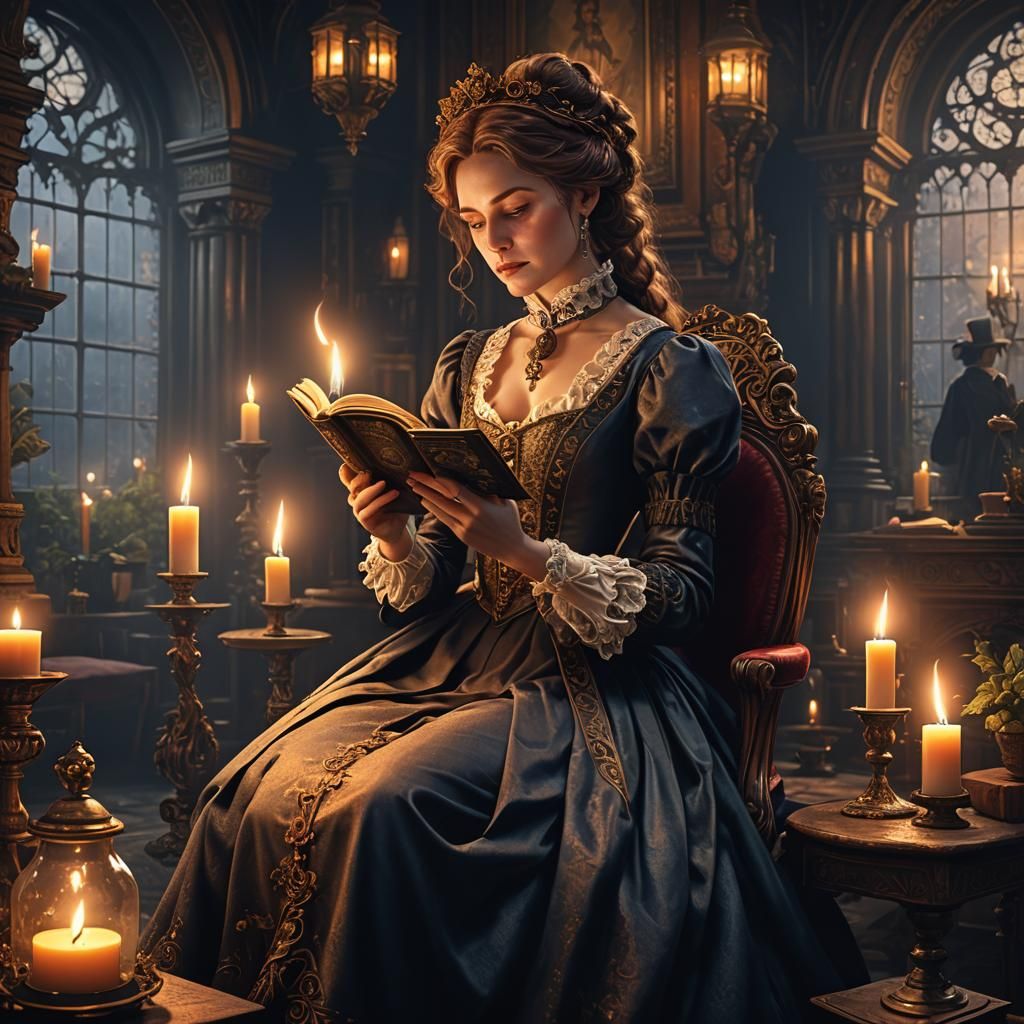 Victorian Woman Reading by Candlelight: Detailed Matte Paint...