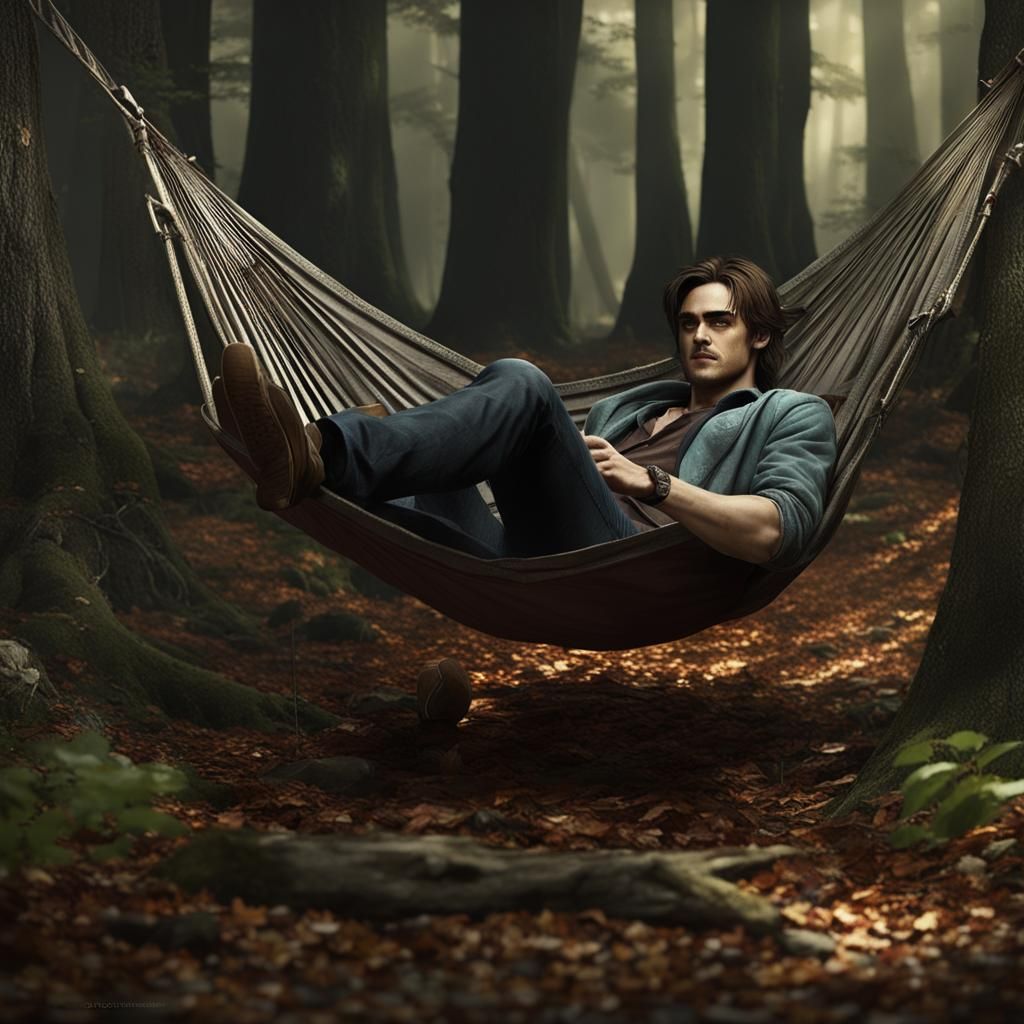 Boyishly Handsome Gypsy in Hammock: Detailed Matte Painting