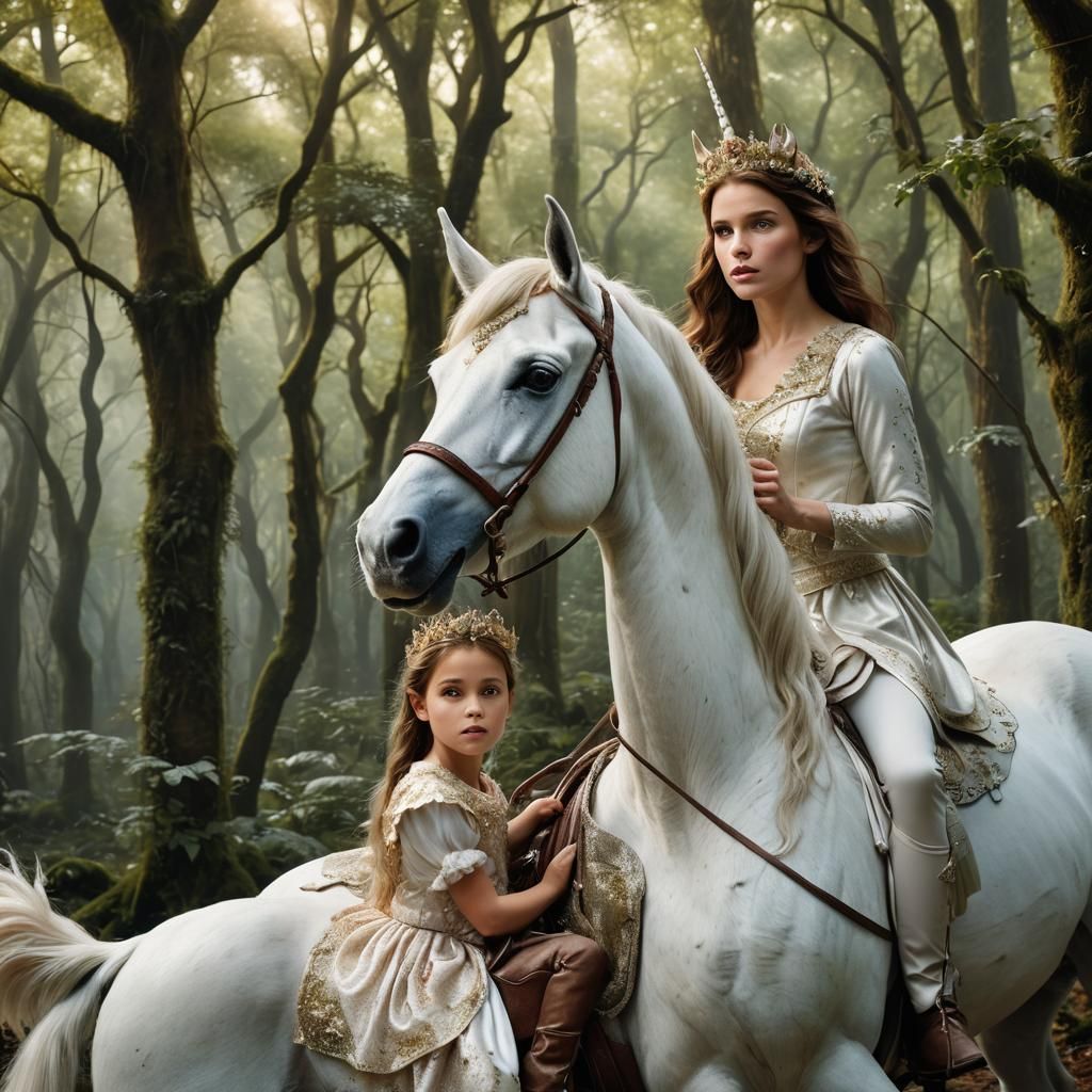 White unicorn with a beautiful young princess