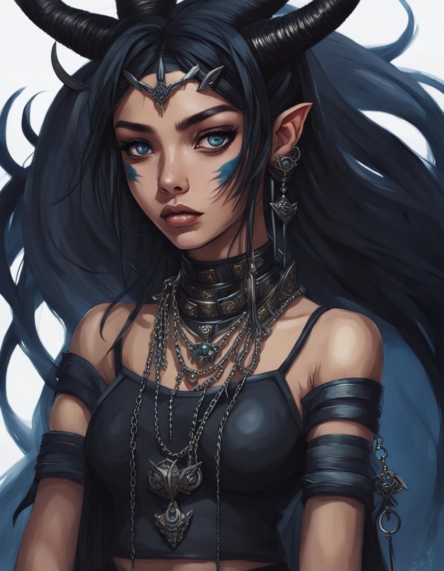 Ninja Girl Portrait with Black Horns in Fantasy Style