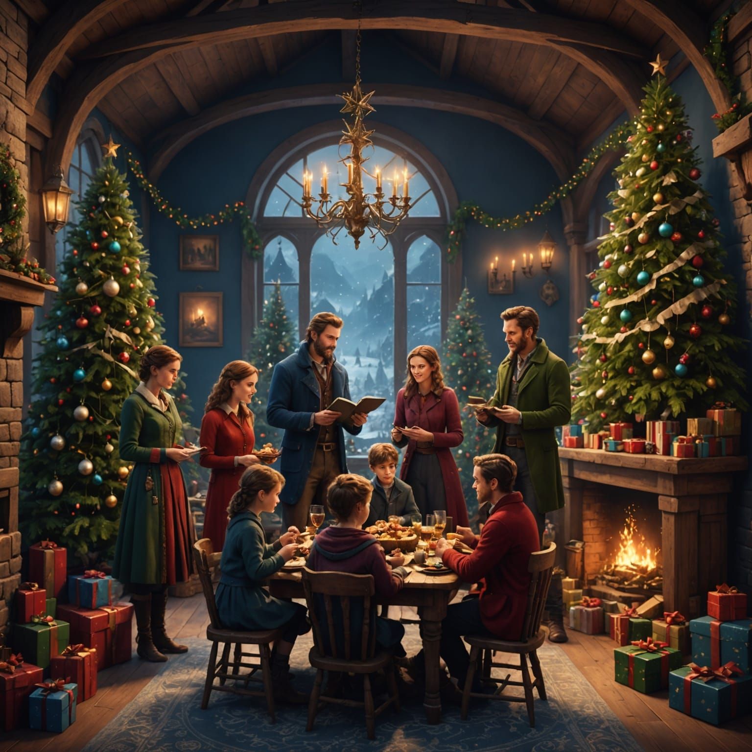 Fantastical Christmas Family Gathering in Vibrant, Intricate...