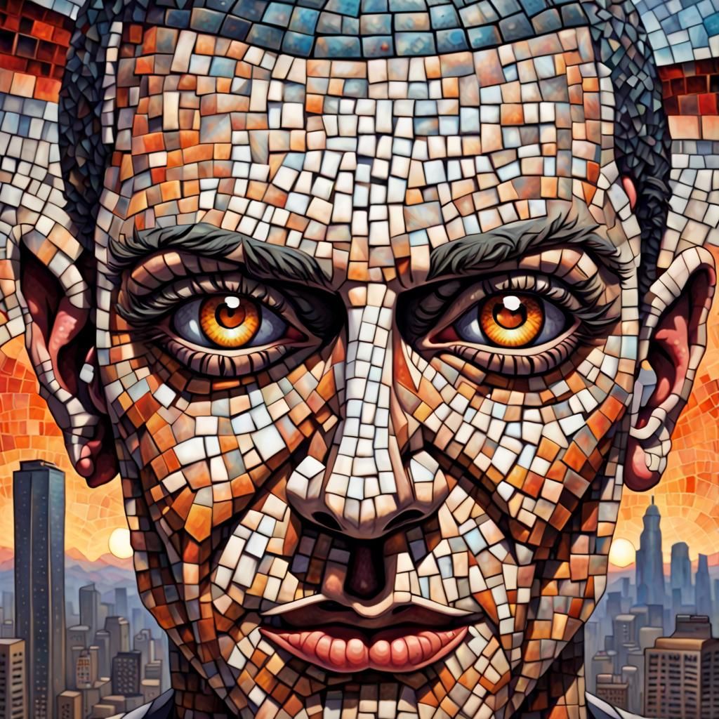 Mosaic Male Portrait with City Sunset Background
