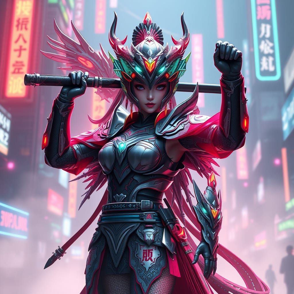 Heroic Chinese Warrior in Futuristic Armor