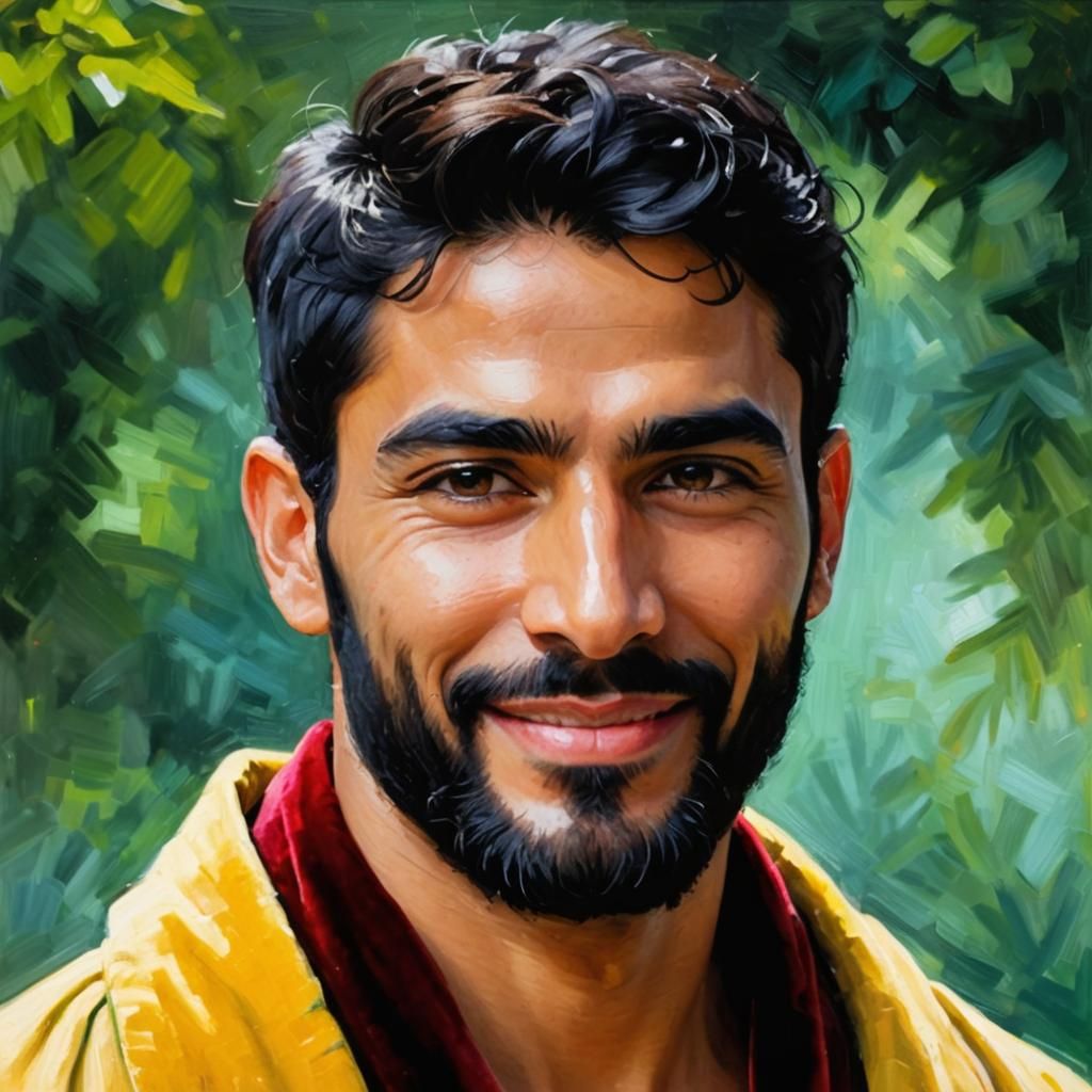 Arab Man in Garden as Impasto Oil Painting