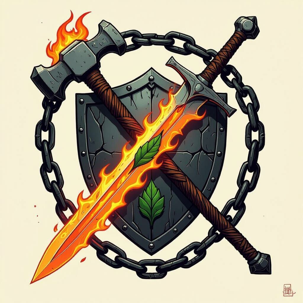 Flaming Sword & Hammer on Broken Chain with Leaf