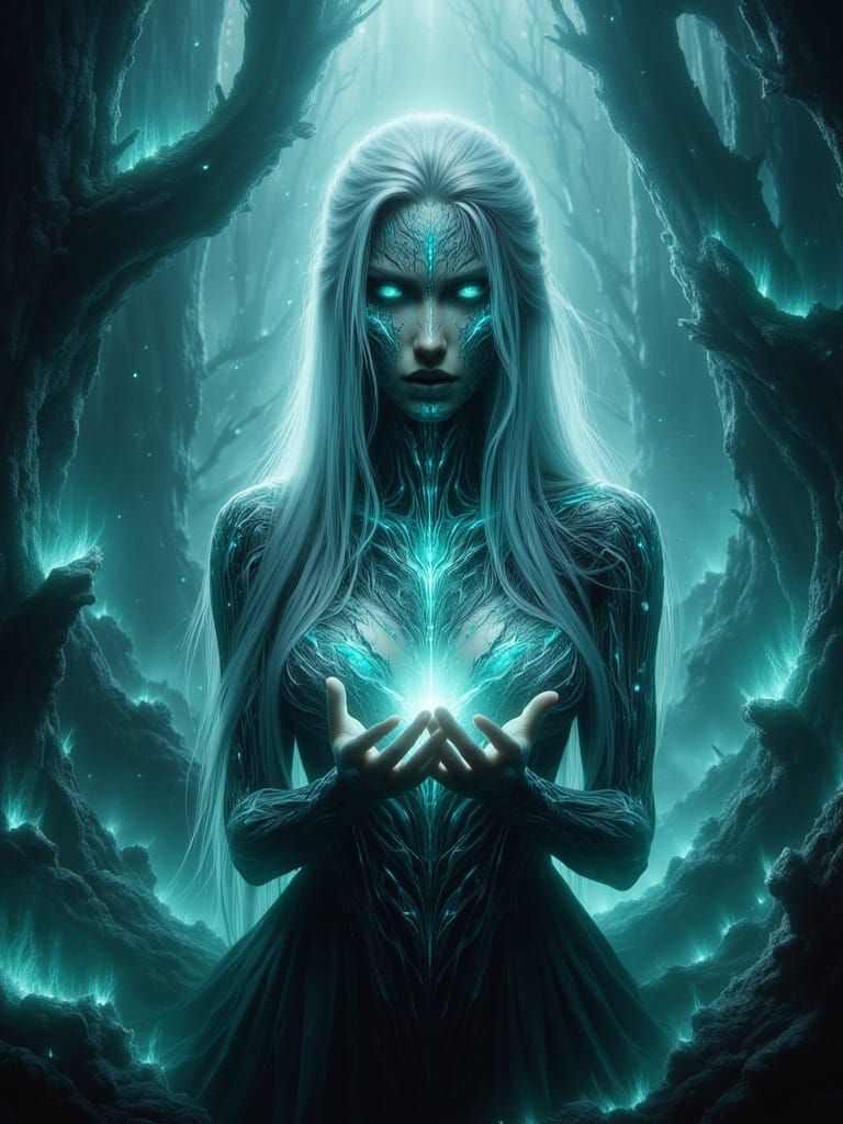 Mysterious Sorceress in Bioluminescent Forest, Art Nouveau S...